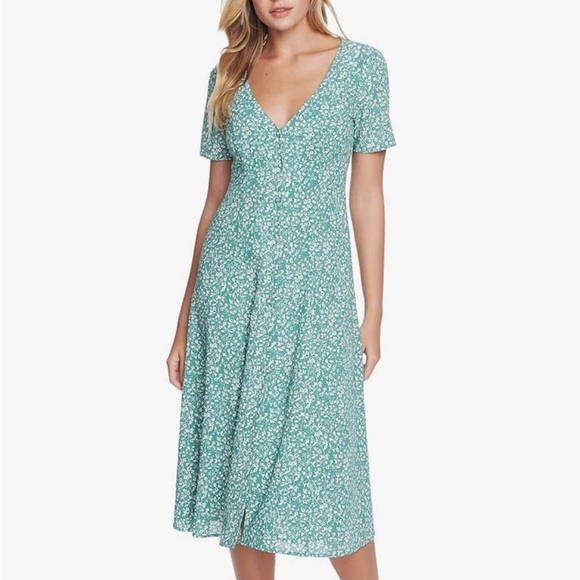 1.‎ STATE Womens Green Tie Floral Short Sleeve V Neck Midi Shift Dress size 10 - Picture 1 of 8